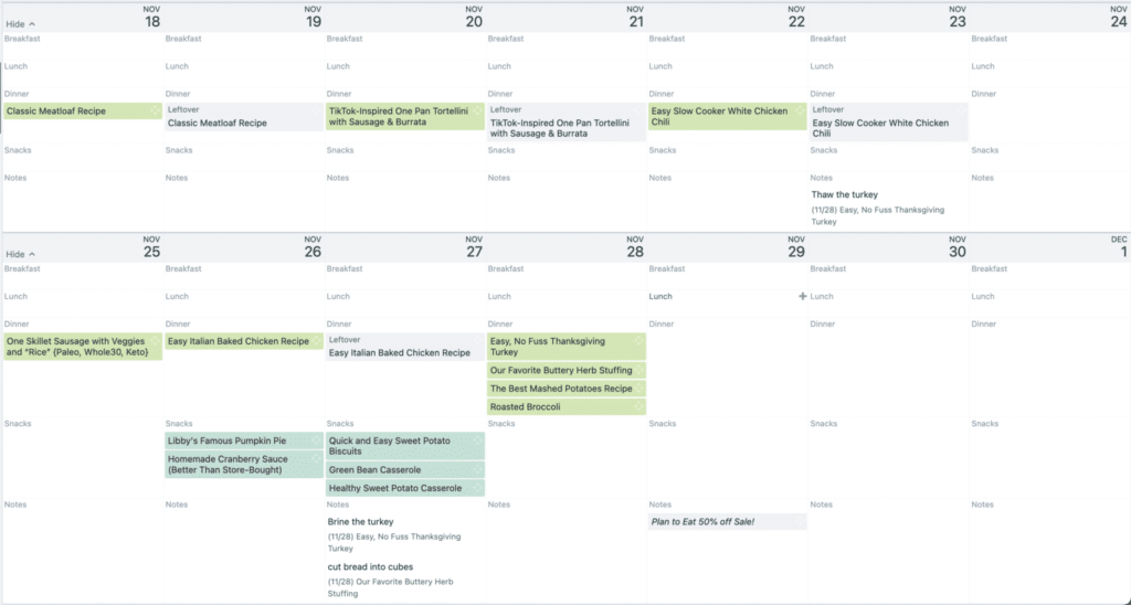 sample holiday meal plan